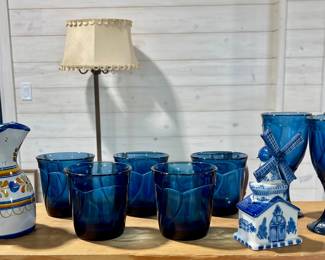MADE IN ITALY HAND-PAINTED PITCHER, NORITAKE “SWIRL” MIDNIGHT BLUE DOUBLE-OLD-FASHIONIED TUMBLERS
