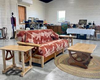 VINTAGE WAGON WHEEL FURNITURE SET WITH VELOUR COWHIDE UPHOLSTERY