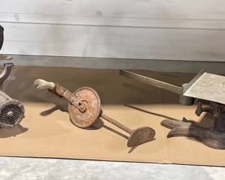 ANTIQUE MEAT GRINDER, ANTIQUE DRILL, ANTIQUE SCALE