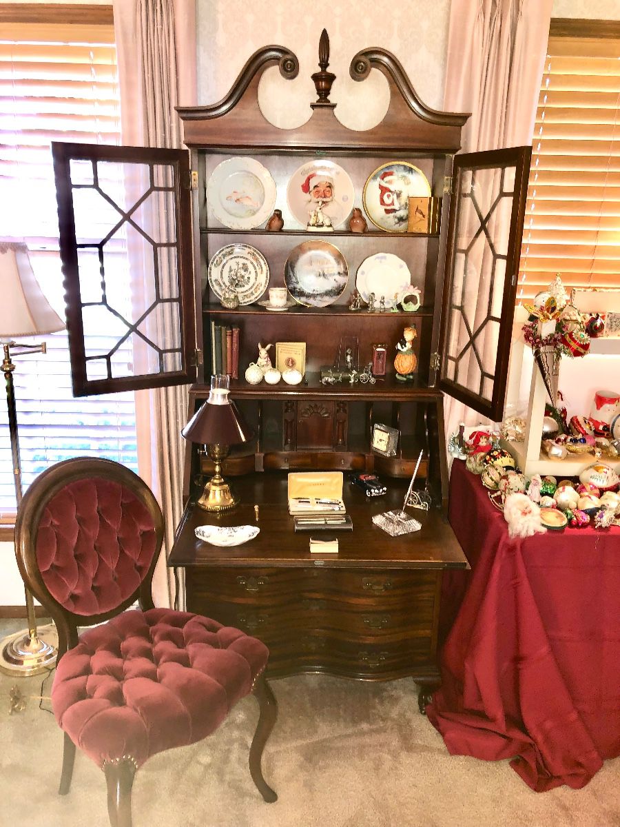 Vintage mahogany secretary & tufted chair 