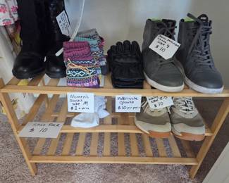 Shoes, socks, motorcycle gloves