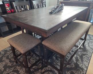 Dining room table, 2 stools, 1 bench, 2 chairs