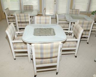 3 MATCHING WICKER/GLASS TOP TABLES & CHAIRS/CASTERS