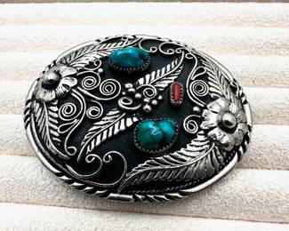 Native American Turquoise and Red Coral Coin Silver Buckle 3 Inch