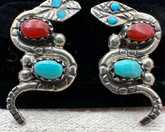 Native American Dan Nieto Turquoise And Coral Sterling Silver Snake Pierced Earrings 1 Inch