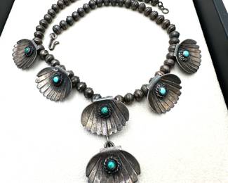 Vintage Native American K Yazzie Turquoise Sterling Silver 16 Inch Necklace Weight 41 Grams