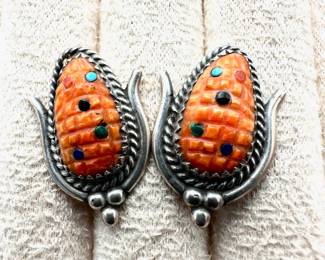 Native American Zuni Beverly Etsate Corn Sterling Silver Pierced Earrings 1 Inch