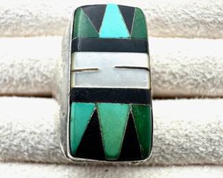 Native American Hallmarked R> Richard  And Geneva Terrazas Zuni Inlay Turquoise Sand Cast Ring Size 9
