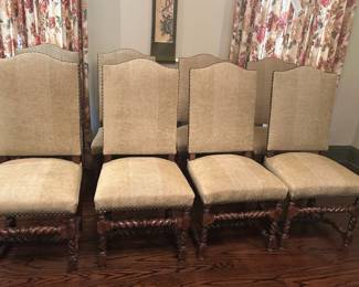 Set of 8 Barley Twist Upholstered Dining Chairs with Nail Heads