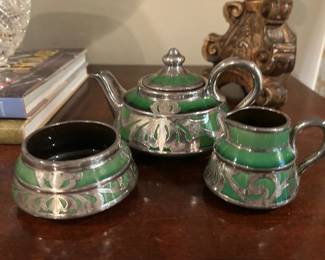 Art Nouveau Three Piece Silver Overlay Tea Set