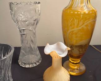 Bohemian Amber Cut to clear Crystal, Satin Vase