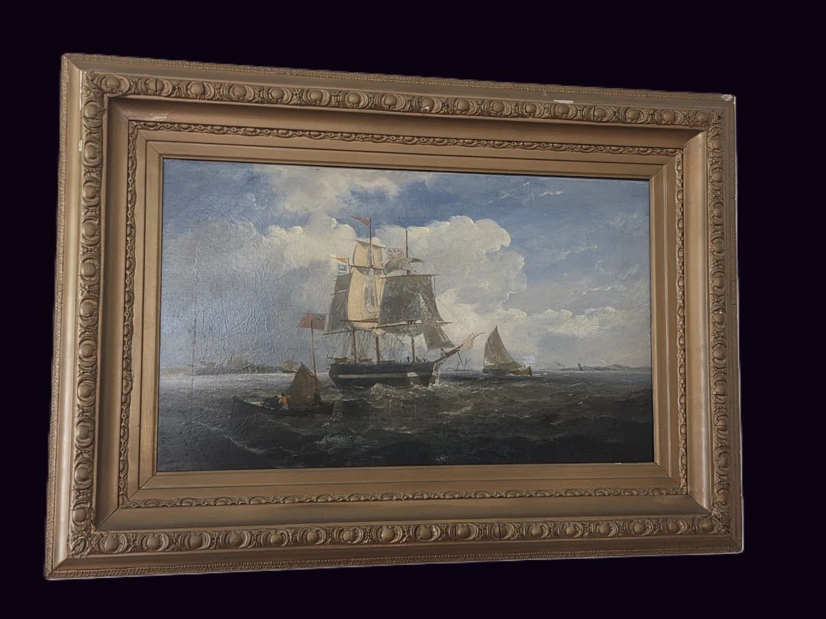 Large 19th century. British School. Ships near shore. Oil on canvas