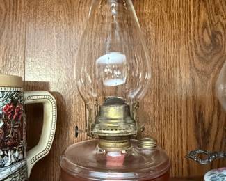Vintage Clear Glass Oil Lamp with Scalloped Rim Chimney and Brass Burner