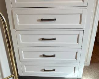 White Five-Drawer Chest with Dark Hardware