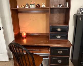 Vintage Two-Tone Student Desk with Hutch and Spindle-Back Chair