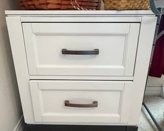 White Two-Drawer Nightstand with Dark Grey Base