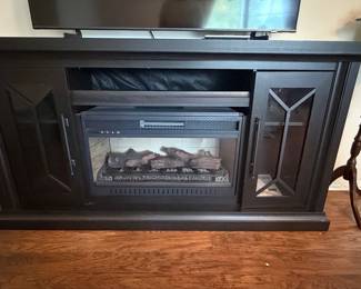 Black Electric Fireplace Media Console with Geometric Glass Doors