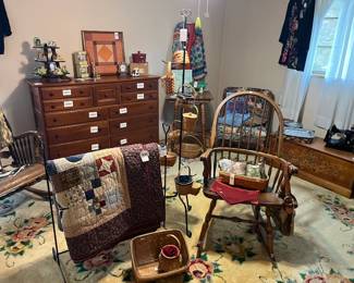 Quilt Rack, Quilts, Baskets, Vtg Wooden Chair, Longaberger Basket Stand  