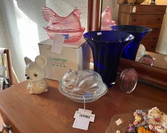 Indiana Glass Sleeping Cat Candy Dish, Longaberger Hen Dish