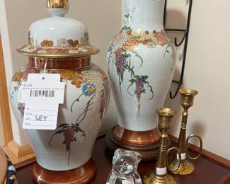 Japanese Kutani Porcelain Ginger Jar, Trumpet Candle Holders  