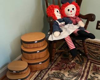 Basket, Vtg Wooden Rocking Chair, Raggedy Anne Dolls