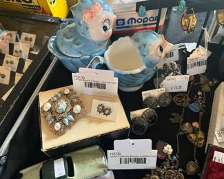 Sarah Coventry Brooch and Earrings, Lefton Bluebird Sugar Creamer Pair 