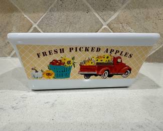 Fresh Picked Apples farmhouse ceramic baking dish with red truck design