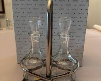 Glass oil and vinegar cruet set in metal caddy with original box