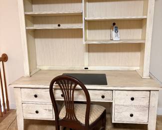 White farmhouse desk with hutch and wood shield back desk chair