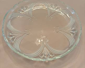 Round pressed glass serving platter with frosted floral design