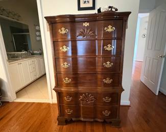 Mahogany Chippendale style chest on chest with shell carving and brass bat wing pulls