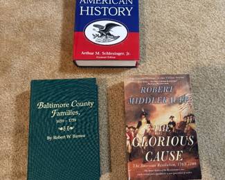 History books including Baltimore County Families and The Glorious Cause