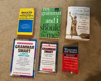 Grammar and reference books including Roget's Thesaurus and Grammar Smart
