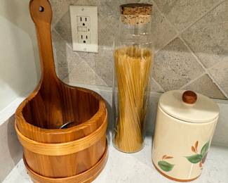 Wooden handled bucket, glass pasta canister, and ceramic canister