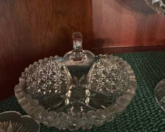 Pressed glass handled tray with matching salt and pepper shakers