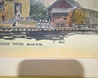 Ma and Pa Railroad station watercolor print signed Kendall, local Harford County interest