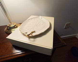 Lenox Carved Leaf porcelain serving dish with gold trim