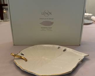 Lenox Carved Leaf porcelain dish with gold trim in original box