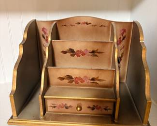 Hand painted tole floral wooden letter organizer with drawer