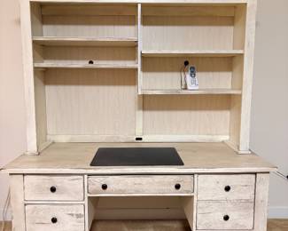 Distressed white farmhouse style desk with hutch