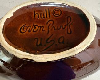 Hull Oven Proof USA maker mark on brown drip glaze pottery