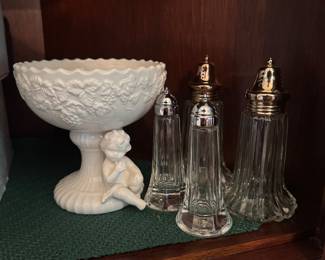 White porcelain cherub pedestal bowl with glass salt and pepper shakers
