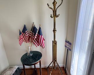 Brass coat and hat tree with marble top accent table