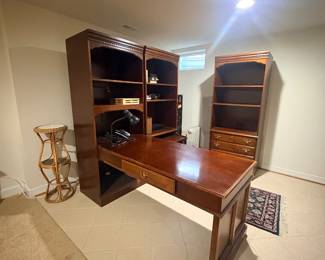 Cherry home office desk with wall unit bookcases and matching bookcase cabinet
