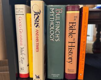 Books including Jesus and His Times, Bulfinch's Mythology, and Bible History