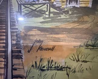 Signature detail on railroad watercolor print, signed J. Kendall