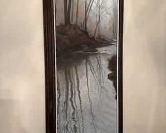 Tall framed misty forest stream art print, detail