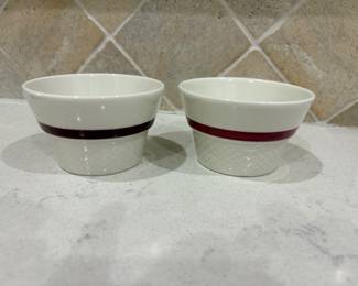 Pair of white ceramic bowls with burgundy stripe