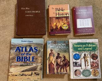 Bible history and reference books including Atlas of the Bible, Bulfinch's Mythology, and American Folklore and Legend