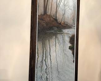 Tall framed misty forest stream art print